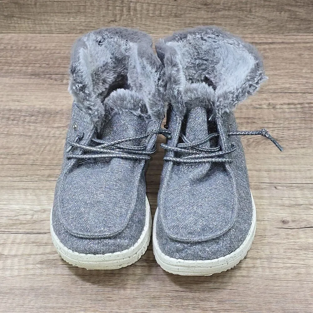 Hey Dude Britt Youth Women's Size 7 Gray Faux Fur Lace Up Comfort Shoes Boots